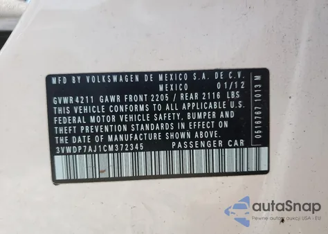 2012 Volkswagen Jetta Se z USA, uszkodzony, nr VIN 3VWDP7AJ1CM372345